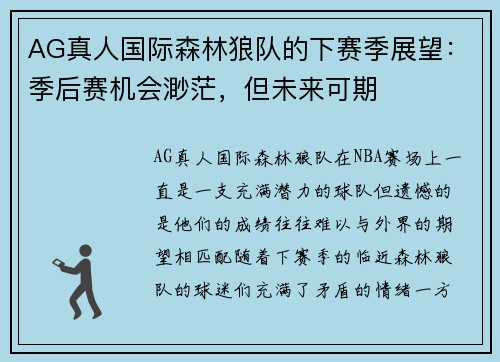 AG真人国际森林狼队的下赛季展望：季后赛机会渺茫，但未来可期